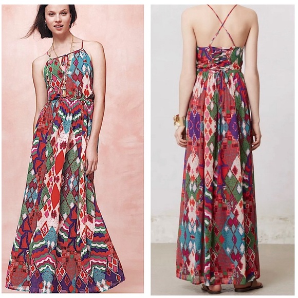 Anthropologie Maeve Tarana Printed Maxi Dress Lace Up SZ 4 - Picture 3 of 16